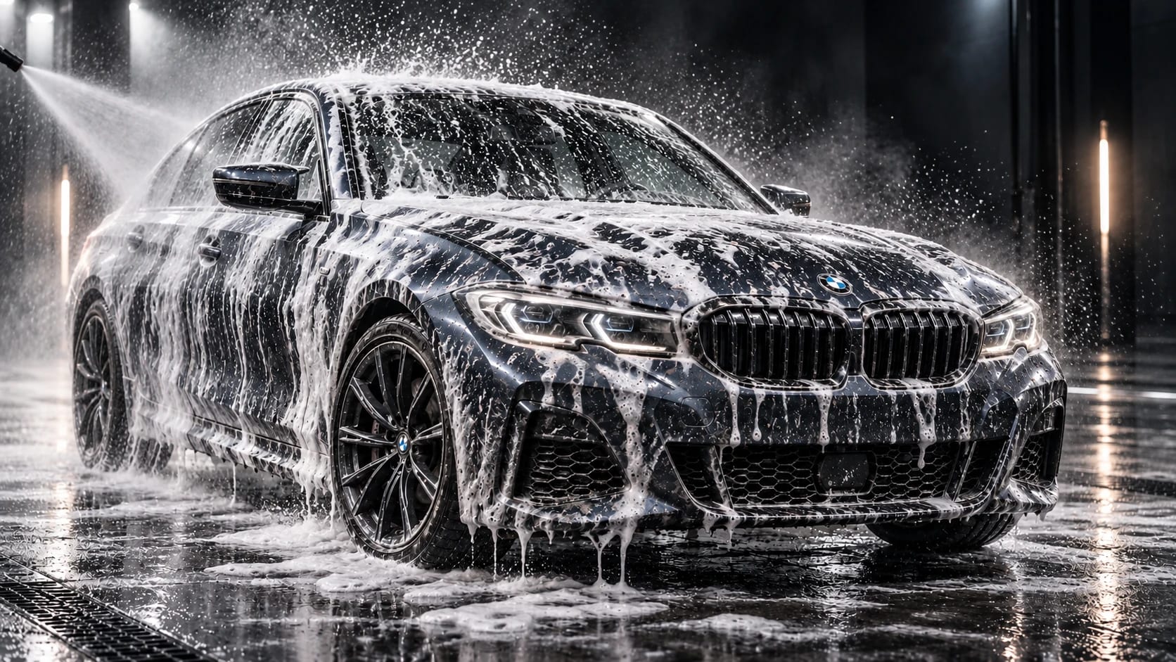 El mateix BMW cobert d'escuma blanca mentre una pistola d'aigua a pressió el ruixa.