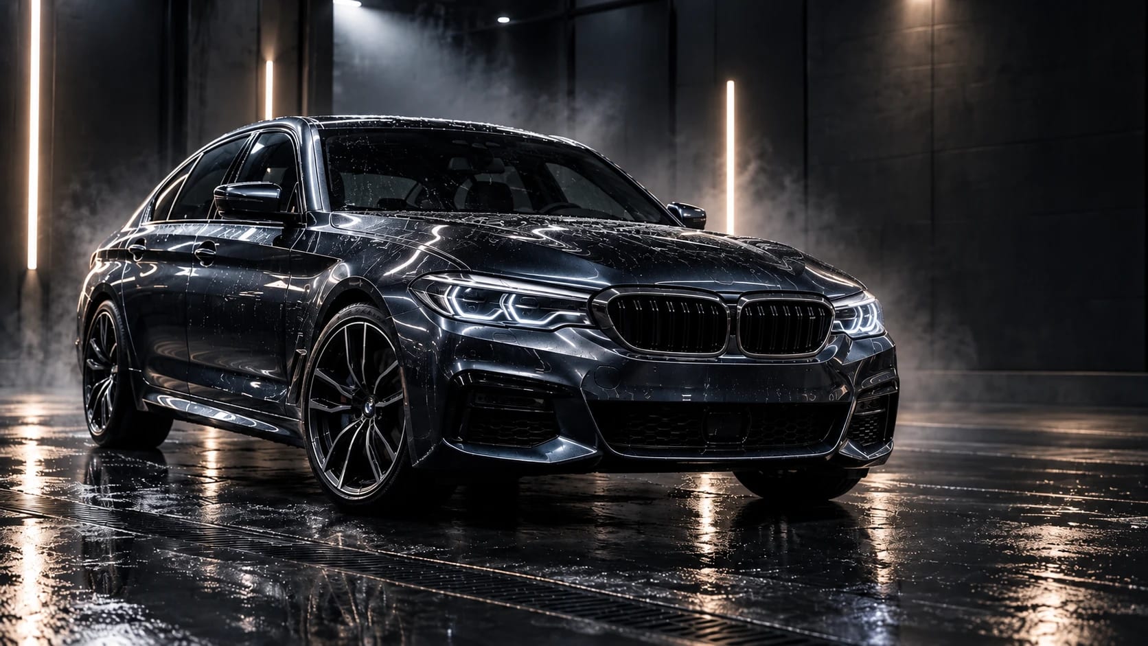 BMW fosc impecable i brillant, il·luminat en un estudi fosc.